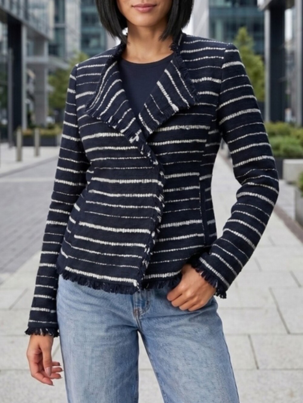 Mango Boucle Textured Stripe Jacket in Black and White, XS